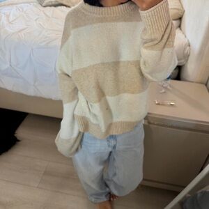 American Eagle Outfitters Cream and Tan Striped Scoopneck Sweater